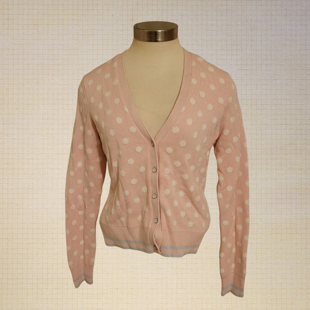 2000s Brooks Brothers Cotton Polka Dot Cardigan Medium V Neck Pink Blue Trimmed